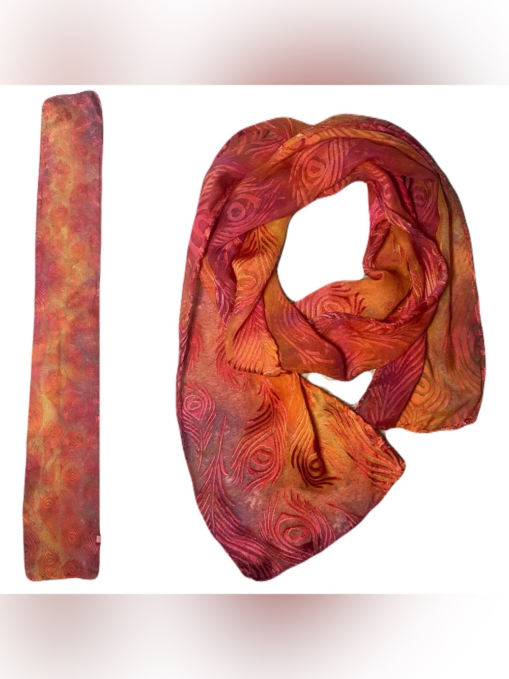 Hand Dyed Silk Scarf with Peacock Feather Pattern